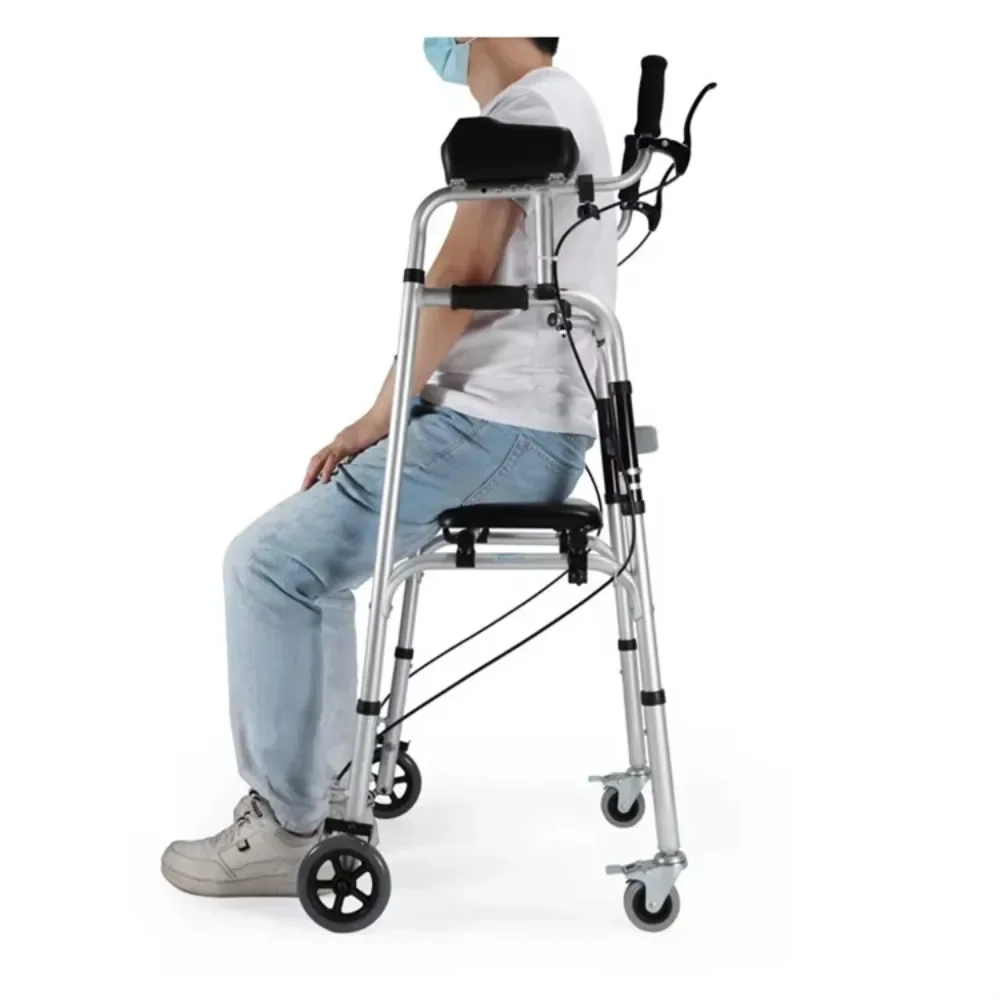 Aluminum Alloy Walker Elderly Assistive Trolley with Seat Plate Foldable Disabled Getting Up Armpit Support Standing Frame