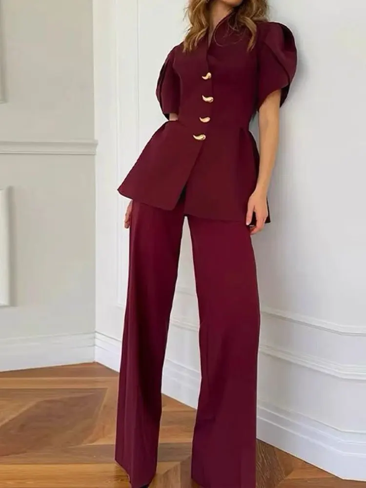 High-grade flower bud short sleeve design single-breasted waist jacket spring new two-piece suit+high waist straight trousers su