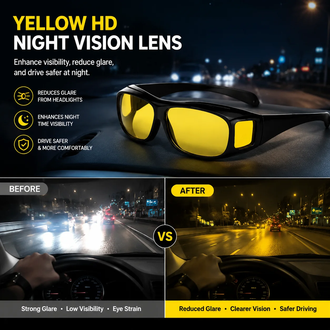 Fit Over Glasses Night Driving Glasses Yellow Gray Lens Anti Glare Side Shading Windproof Cycling Eyewear For Men Women Drivers