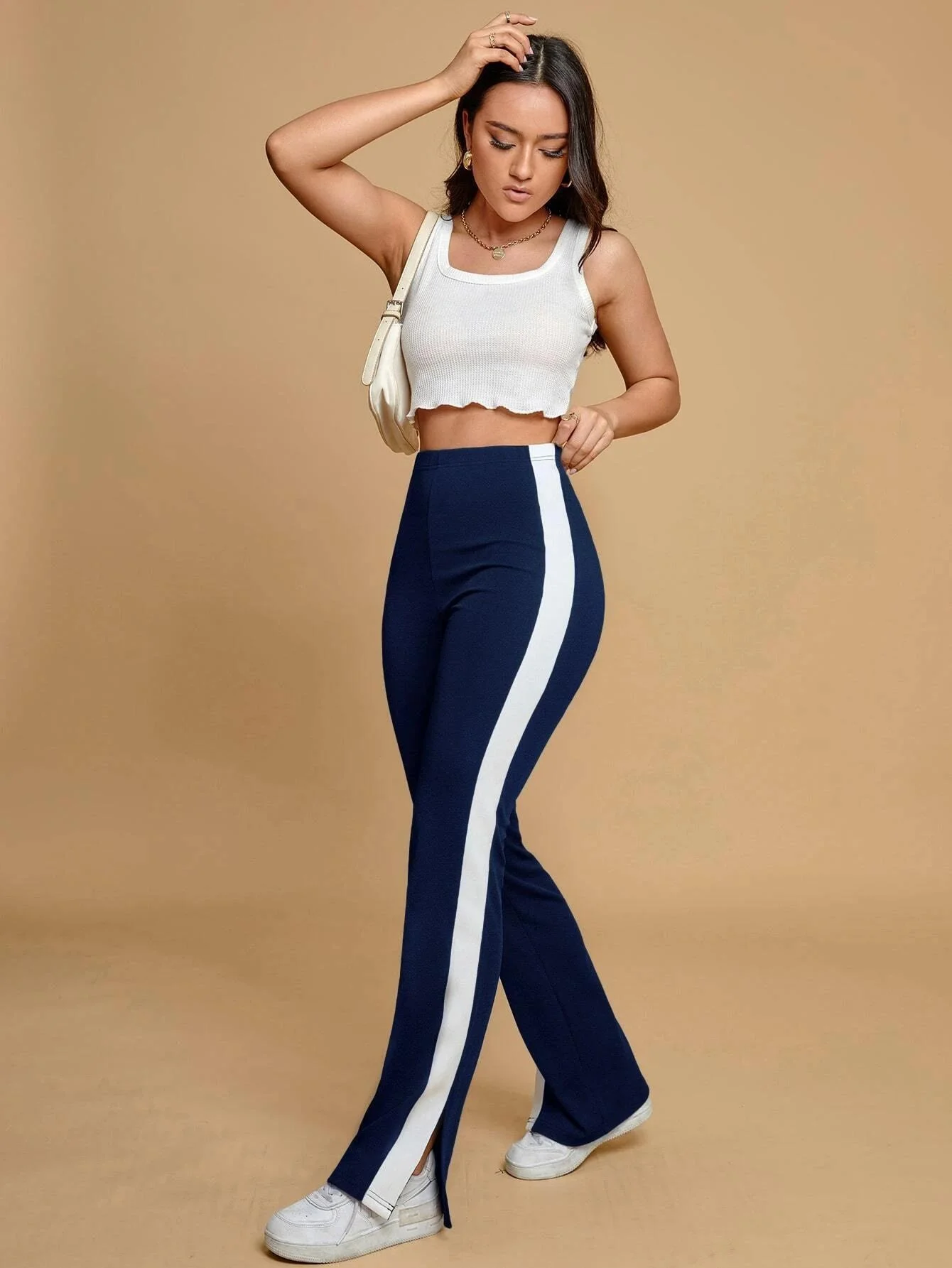 M-3XL Women Fashion Harem Pants Casual Contrast Side Seam Split Hem Pants Tights Trousers Sweatpants