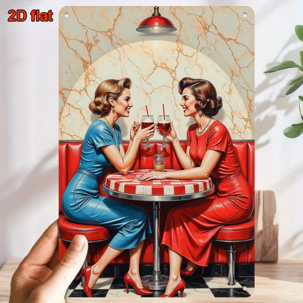 

Vintage 8x12" metal wall art: 1950s diner scene with two women, checkered tablecloth, marble wall. Perfect for cafe, bar, home d