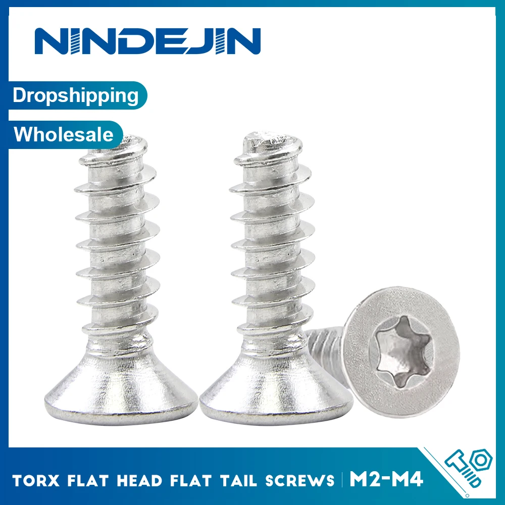 NINDEJIN Torx Countersunk Head Flat Tail Screw M2 M2.3 M2.6 M3 M3.5 M4 304 Stainless Steel CSK Head Star Screw for Plastic Sheet