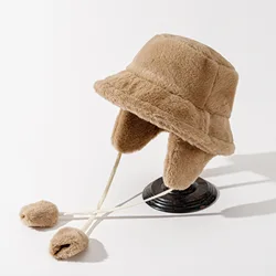 Bomber Hats Women Winter Warm Bucket Hat Men Golf Cap Hiking Hat Fur Hat Barrel Cap Cotton Fabric Ear Protection Cap