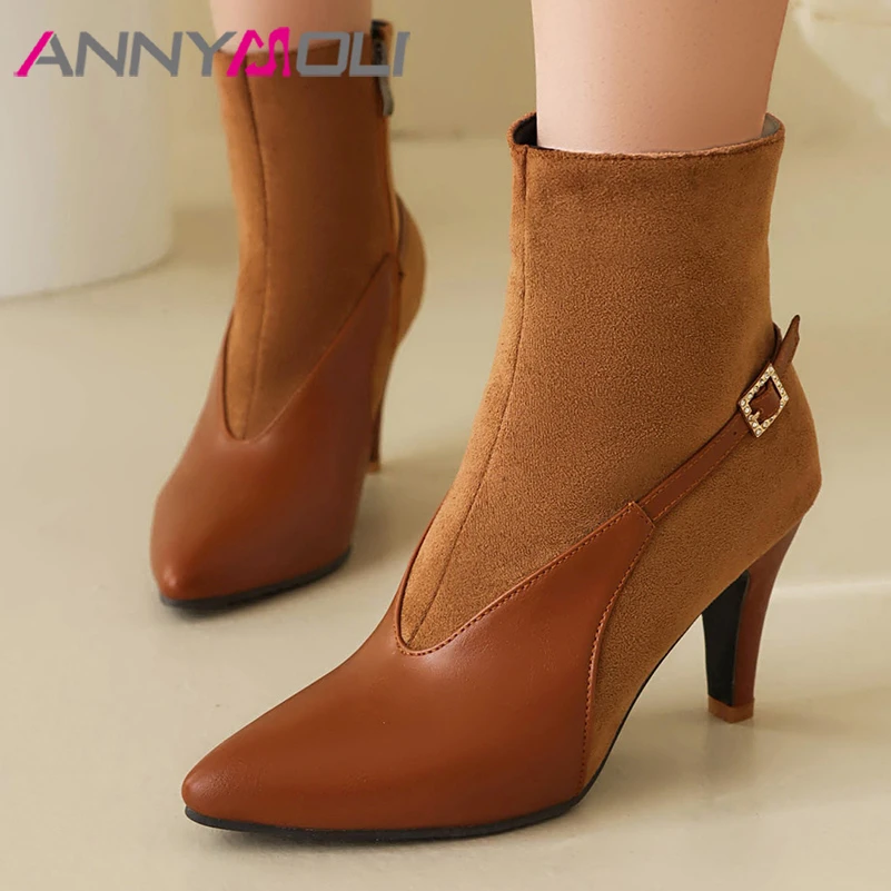 ANNYMOLI Women Ankle Boots Pointed Toe Thick High Heels Buckle Zipper Short Boot Ladies Fashion Shoes Autumn Winter Khaki Red 46