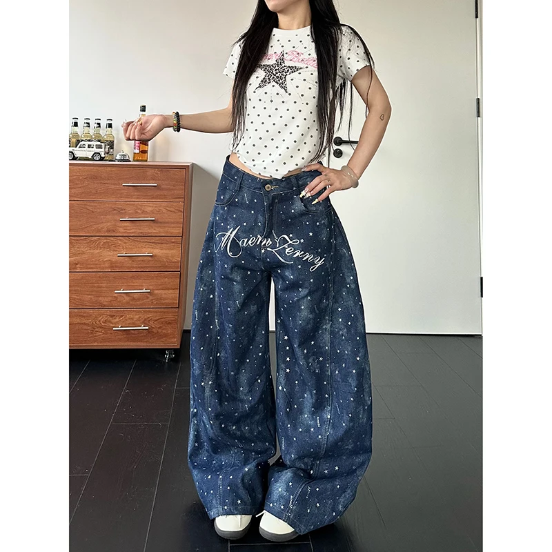YIBASHU Women's Blue Letter Jeans Vintage Y2k Hiphop Grunge Boyfriend Style Star Jeans Pants Baggy Wide Leg Denim Pants Clothes