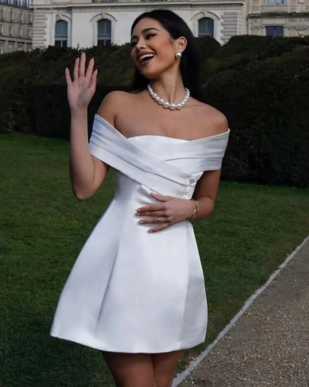 

Off Shoulder Short Wedding Dresses for Bride A Line Satin Bodycon Cross Short Bridal Reception Dress White