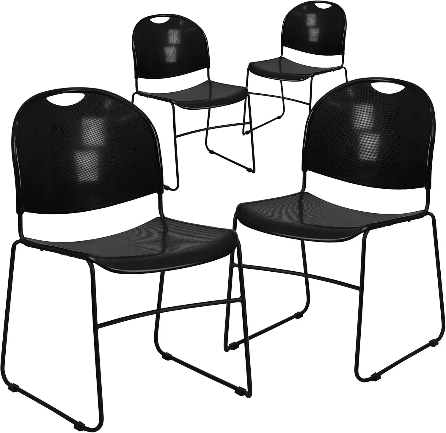 Sillas de vestíbulo compactas de plástico serie Hercules con respaldo curvo, escaleras ergonómicas para salas de espera/escritios, juego de 4, negro