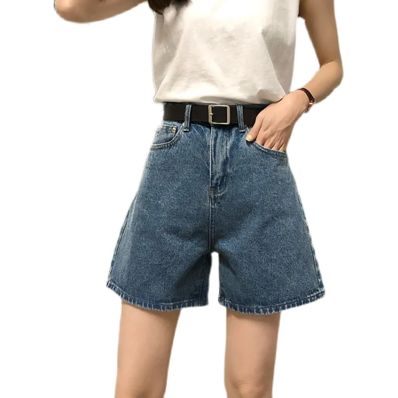 Summer Denim Jeans Water Washing Fashion Korean Wide Leg Pants Wear Elastic Waist Shorts Women High Waist Short Pants Pockets