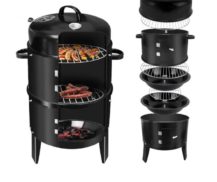 Outdoor 3 In 1 Smokeless 3 Layers Tower Vertical Barrel Barbeque Charcoal Bbq Skewer Barbecue Charcoal Grill Smoker For Garden