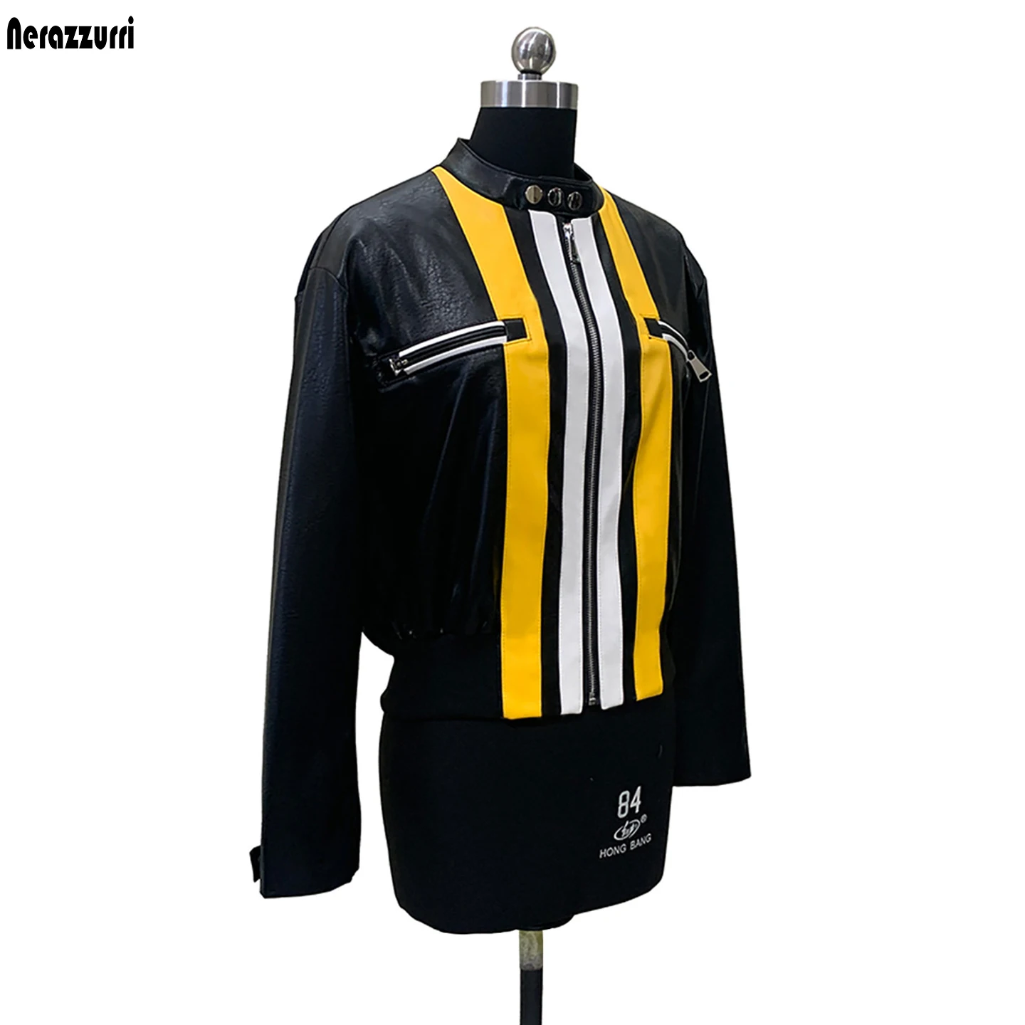 Nerazzurri Spring Autumn Short Color Block Patchwork Pu Leather Racing Jacket Women Streetwear Luxury Designer European Clothes