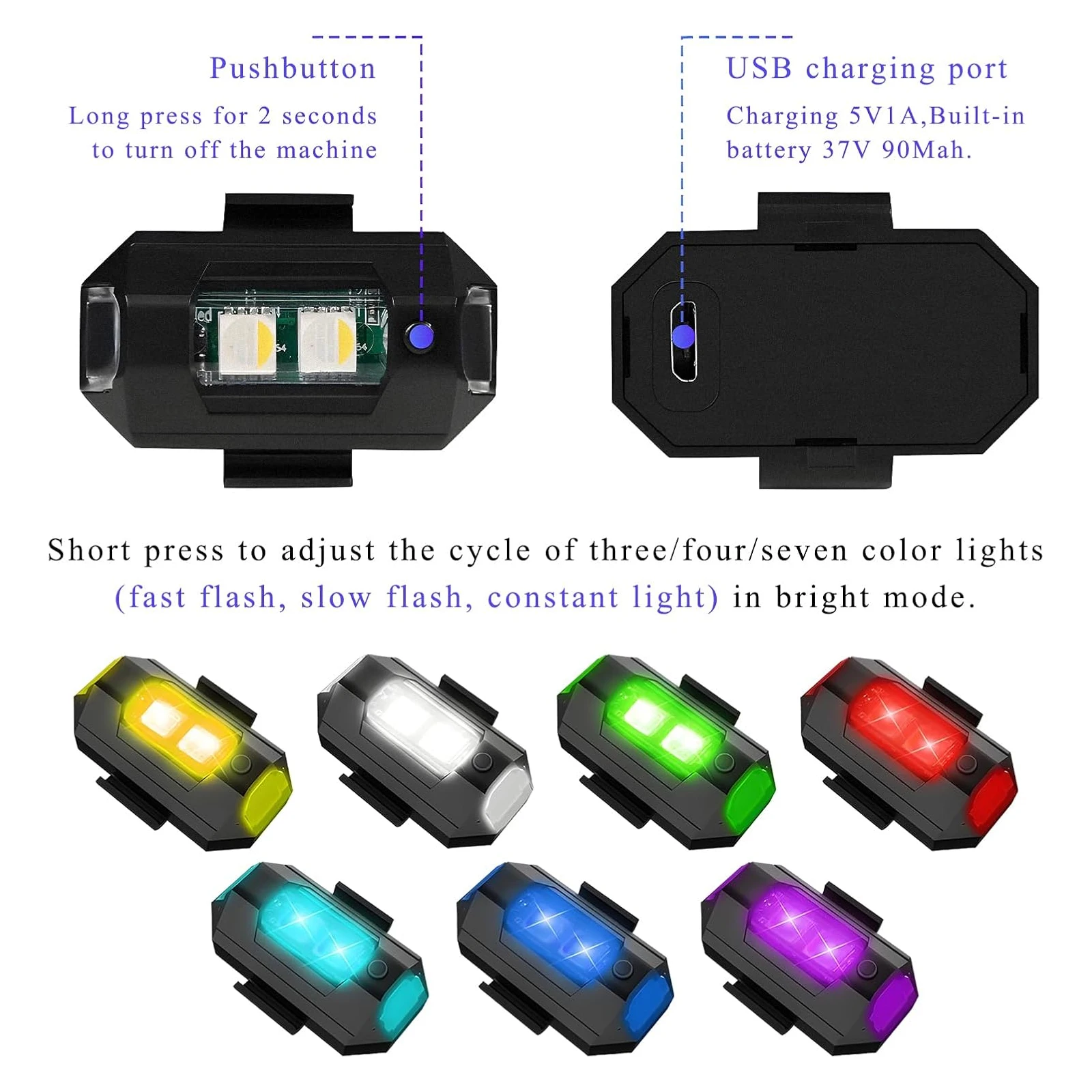 4pcs 7 Colors LED Strobe Lights, High Brightness Waterproof USB Charging Anti Collision Flashing Light for Car Motorcycle Bike