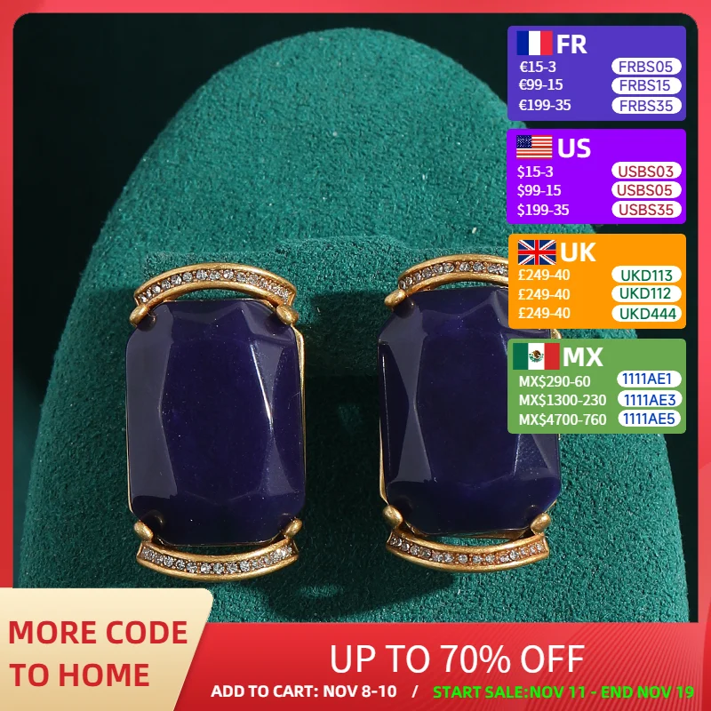 Vintage Square Lapis Lazuli Blue Earrings For Woman Stud Natural Stone Antique Gold Color Luxury Designer Jewelry 2025 New Gift