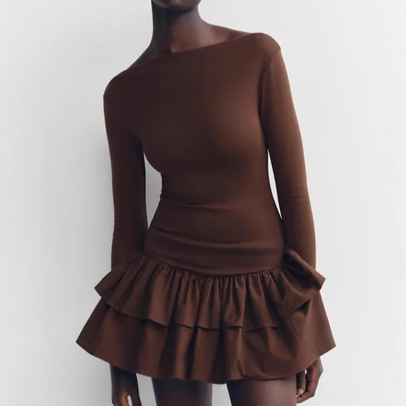 Women Fashion Solid Tierred Ruffle A-Line Dress Spring Elegant O Neck Slim Fit Mini Dress Autumn Long Sleeve Simple Boho Dresses