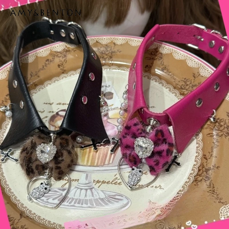 

Mars Style Fake Collar Cross Love Chain Choker Necklace Retro Hot Girl Gal Series Leopard Print Gyaru Rivet Gothic Pu Necklaces