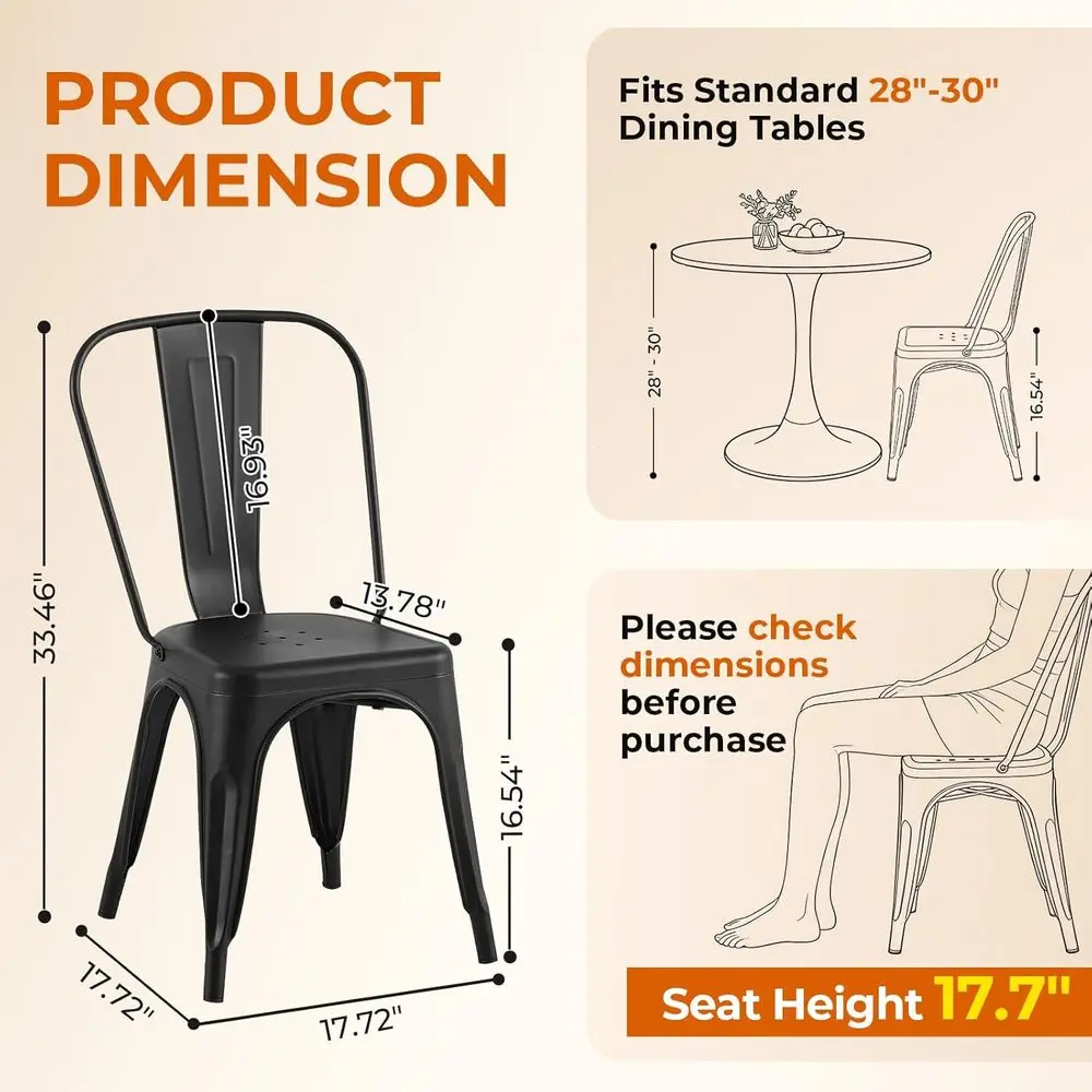 Metal Dining Chairs Set o 6 Matte night Black | Stackable Industrial Style Chairs or Kitchen Dining Room Bistro Outdoor