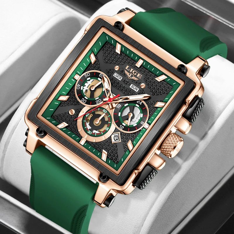

LIGE повседневные деловые часы мужские креативные квадратные зеленые силиконовые часы для мужчин модные спортивные водонепроницаемые мужские кварцевые наручные часы