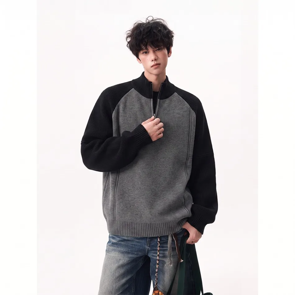 Gray Knitted Sweater Men's Winter Fashion Korean Style Inner Wear Warm Outerwear Casual Loose Fit Long Sleeve Zipper Design