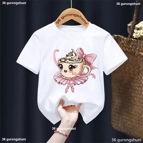 발레리나 카푸치나 인사말 커피 발레 댄서 핑크 보우 프린트 T 셔츠 소녀 재미 있은 댄스 애호가 아동복 여름 티셔츠