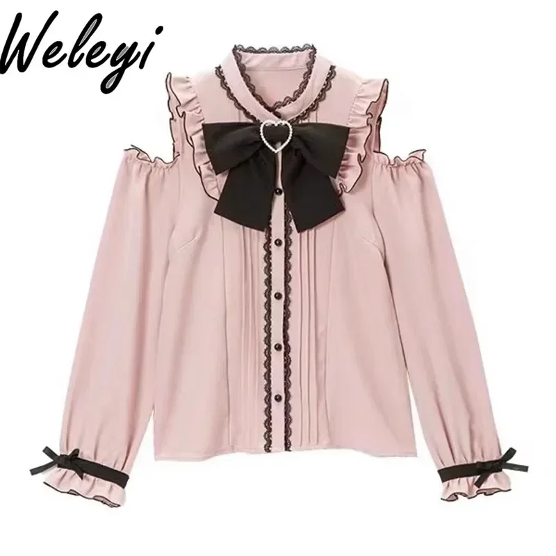 Super süße Mine Lolita Shirts japanische neue süße Traum Aussicht von der Schulter lang ärmel ige Chiffon Inner wear Koszule i Bluzki Tops