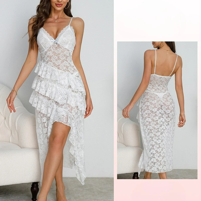 

2026 summer new fashionable sexy ruffle edge printed nightgown lace deep V seduction slim fit thin suspender skirt for women