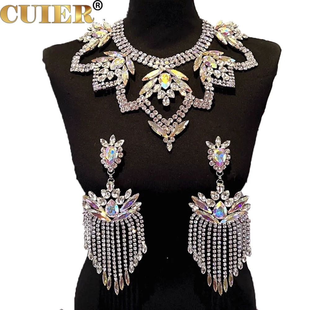 

CUIER SS28 5mm Rhinestone Crystal Tassel Earring Necklace Jewelry Set for Drag Queen Huge Size Fashion Show Accessories