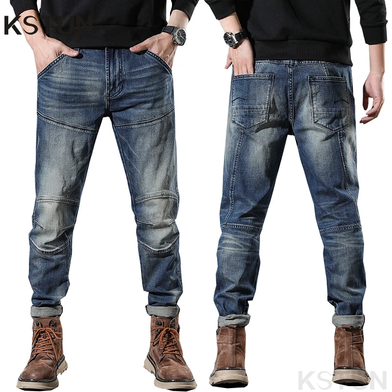 Homens Motocicleta Stretch Denim Calças, Slim Fit Jeans, Streetwear, Original Designer de Vestuário, Knight Patch, Fitness, Azul, Alta Qualidade