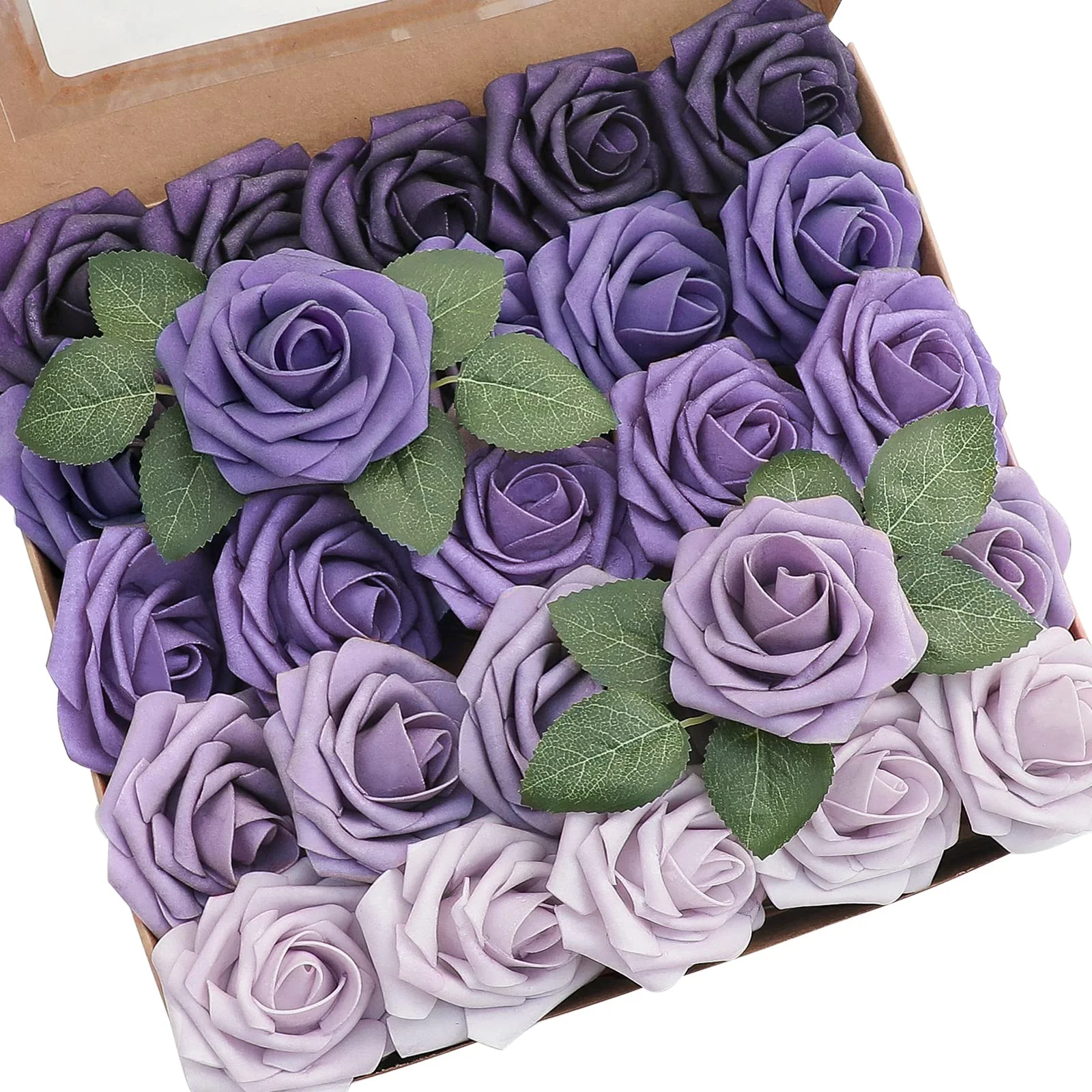 Artificial Flowers 25pcs Real Looking Lavender Purple Ombre Colors Foam Fake Roses with Stems for DIY Wedding Bouquets Bridal Sh