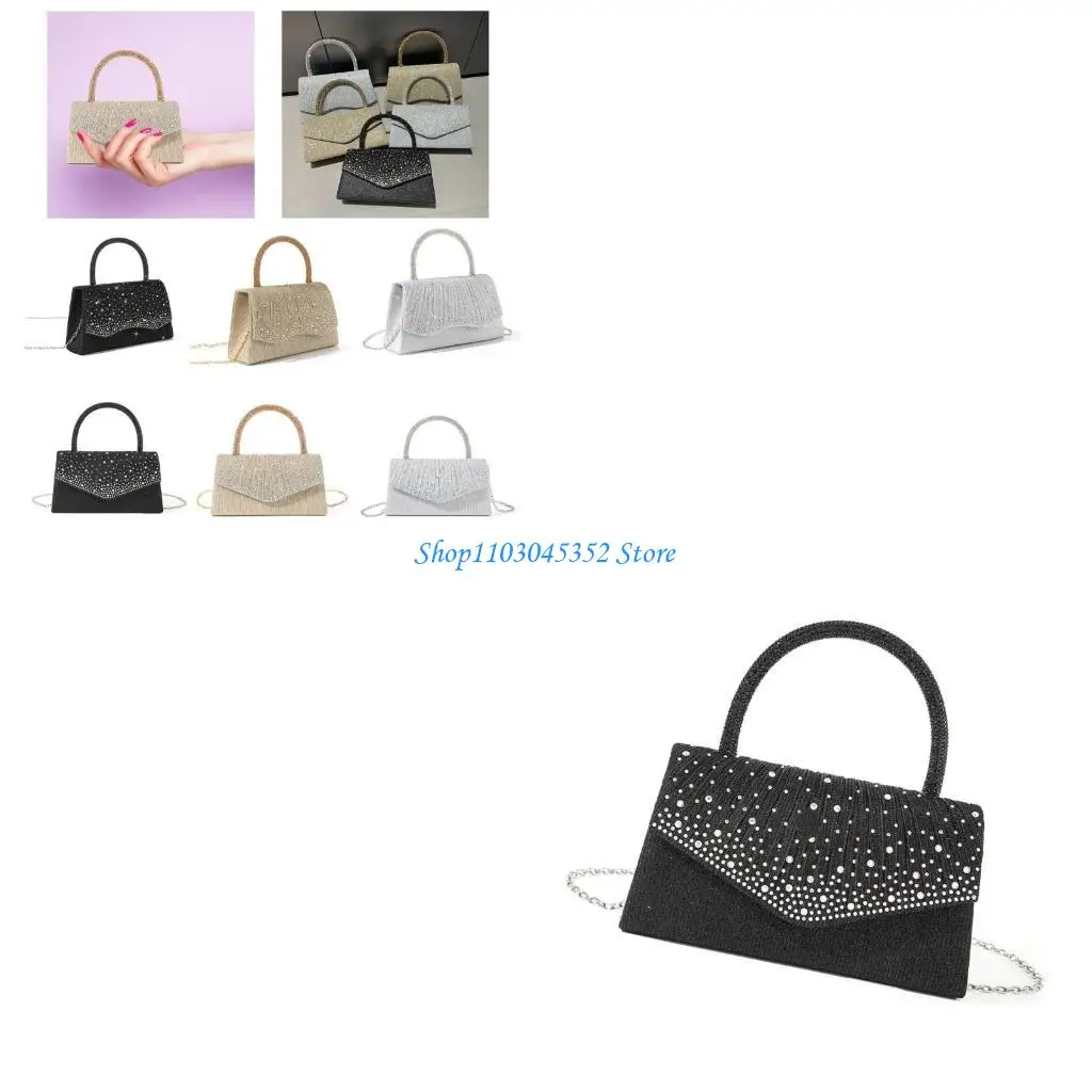 

Elegant Evening Bag With Rhinestones Chain Pleated Handbag Crossbody Purse