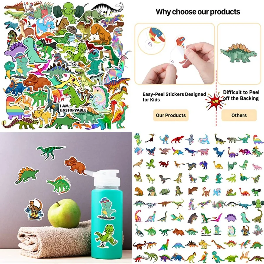 

100PCS Dinosaur Stickers Cute Waterproof Cartoon Stickers for Ideal for Educational Teaching Rewards Fun Dino Party Favors Perf