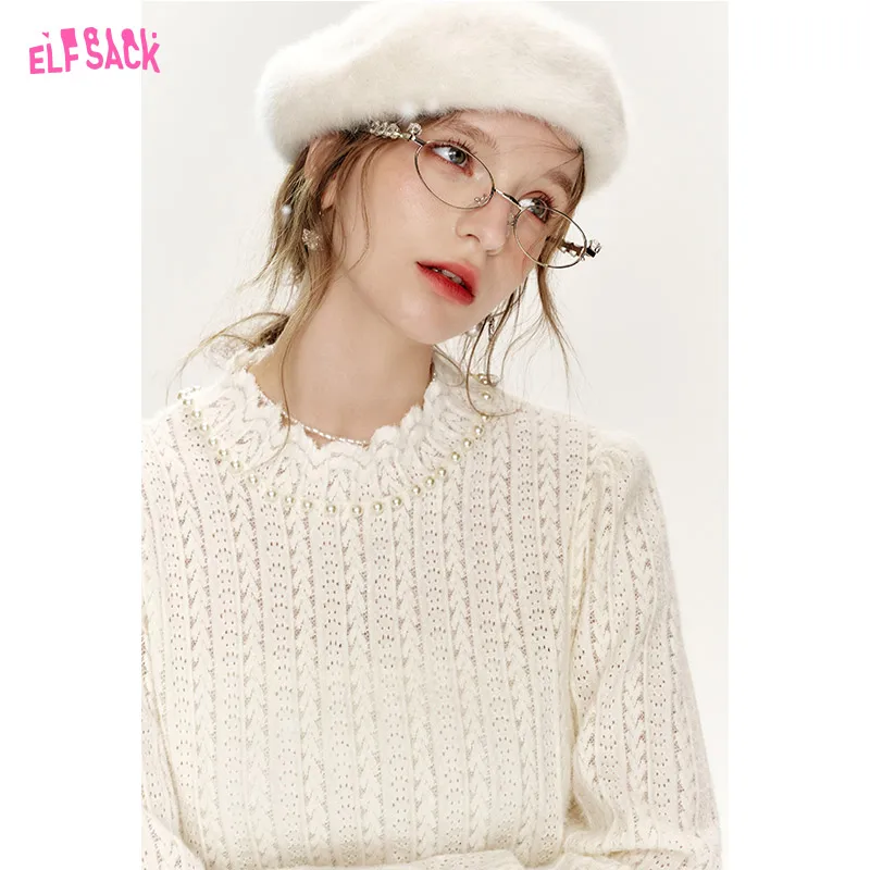 ELFSACK 2024 Winter New Arrivals White semi high collar lace base shirt, women pearl inner top Christmas