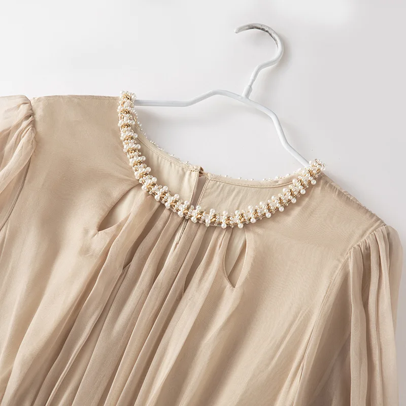 Winsleter-damska 100% prawdziwy jedwab elegancka sukienka, O Neck 3/4 rękaw frezowanie, francuskie eleganckie sukienki wróżkowe, 2025 lato D54723CC