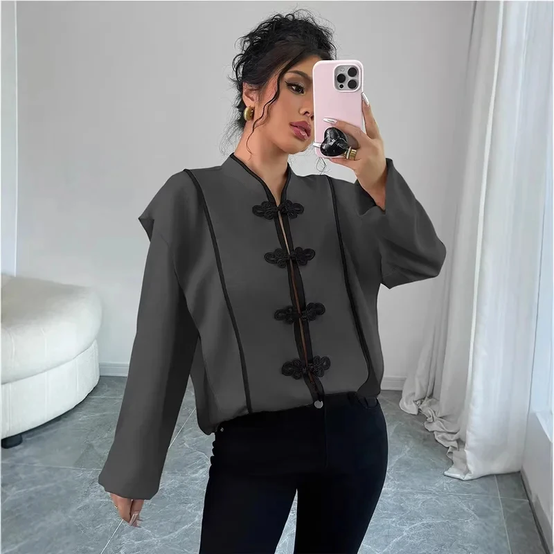 

Women Woven Patchwork Crop Jacket Shoulder Pad Frog Button Long Sleeve Street Slim Blazer 2026 Spring Chic Paneled Napoleon Coat