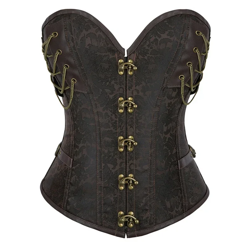 

Vintage Overbust Corset with Chain Decor Gothic Dark Brown Steel Bone Bustier for Women Slimming Strapless Lace up Shaper Top