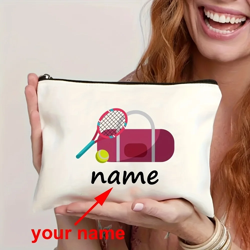 Customizable Tennis Themed Makeup Bag with Personalized Name Large Capacity Zippered Makeup Bag Suitable for Travel, Commuting