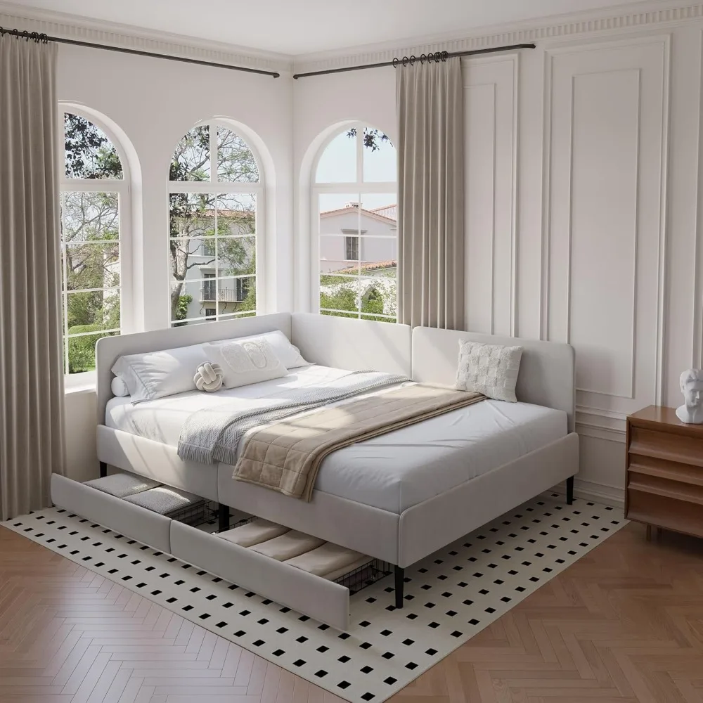 إطار سرير زاوية كامل الحجم على شكل حرف L مع درجين للتخزين، سرير نهاري منجد مخملي مع لوح رأسي ناعم لزجاج غرفة النوم #1