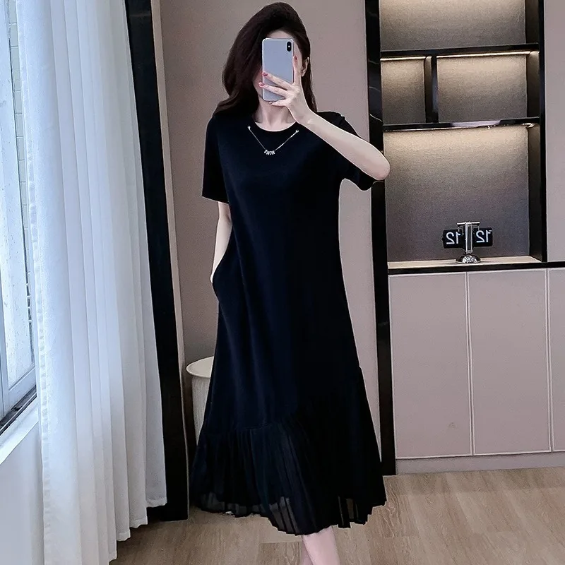 Plisowana Sukienka z Siateczkowymi Wstawkami, Długa, Luźna, Naszyjnik, Odpinana, Letnia Sukienka w Koreańskim Stylu na Lato 2025, Wyszczuplająca, z Okrągłym Dekoltem, Koszulowa Sukienka z Falbankami