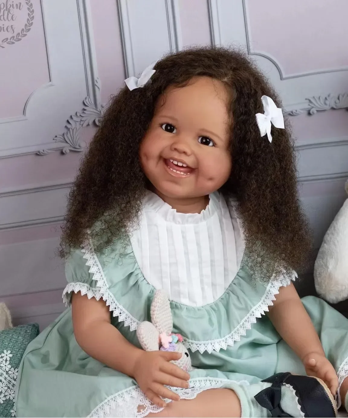 EGO Customzied Fornitura limitata da 29 pollici Black Complexion Reborn Baby Dimple Capelli radicati a mano Bambola già finita Regalo di Natale