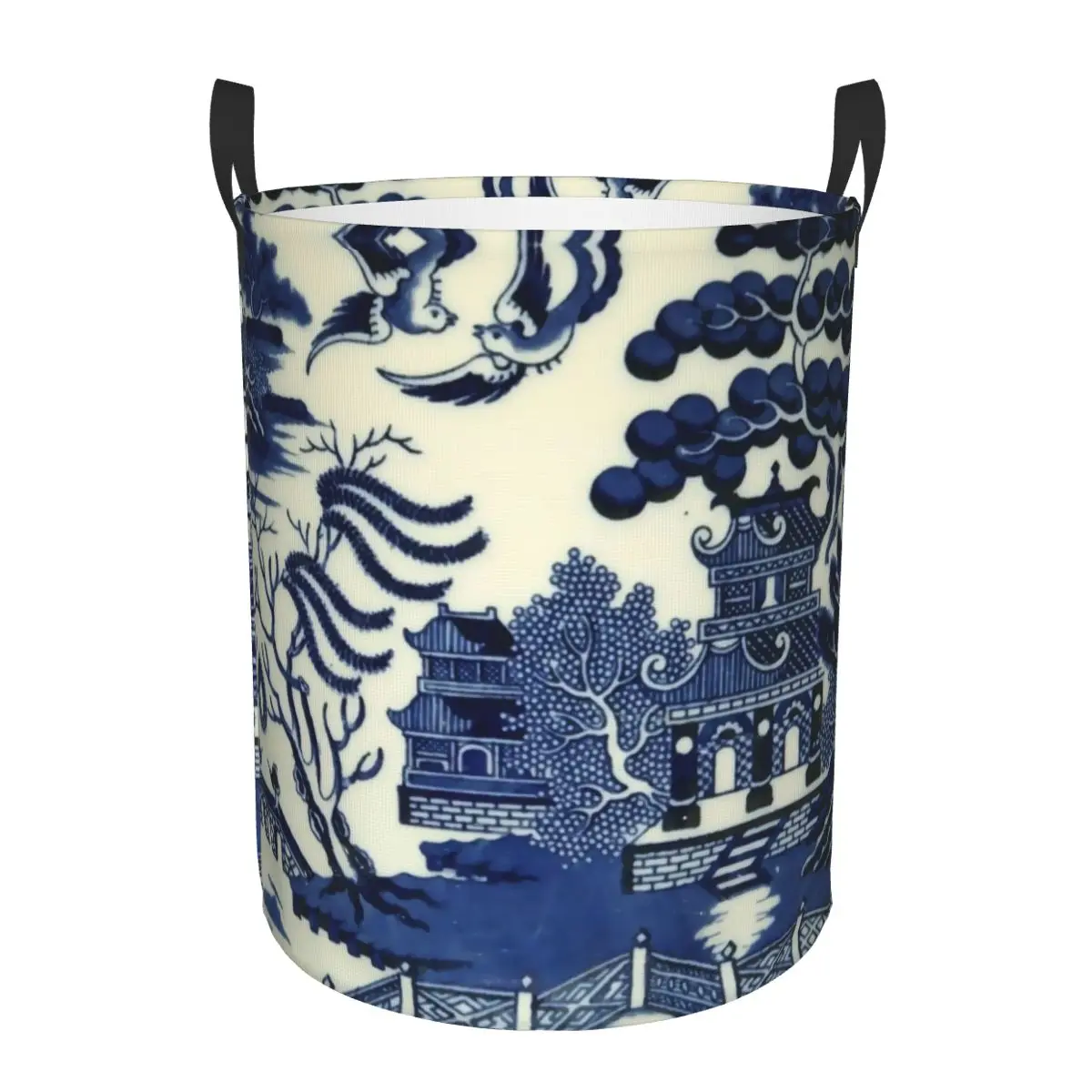 Custom Antique Willow Ware Oriental Toile Laundry Hamper Clothes Storage Basket Chinoiserie Pagoda Toy Bin Organizer for Nursery