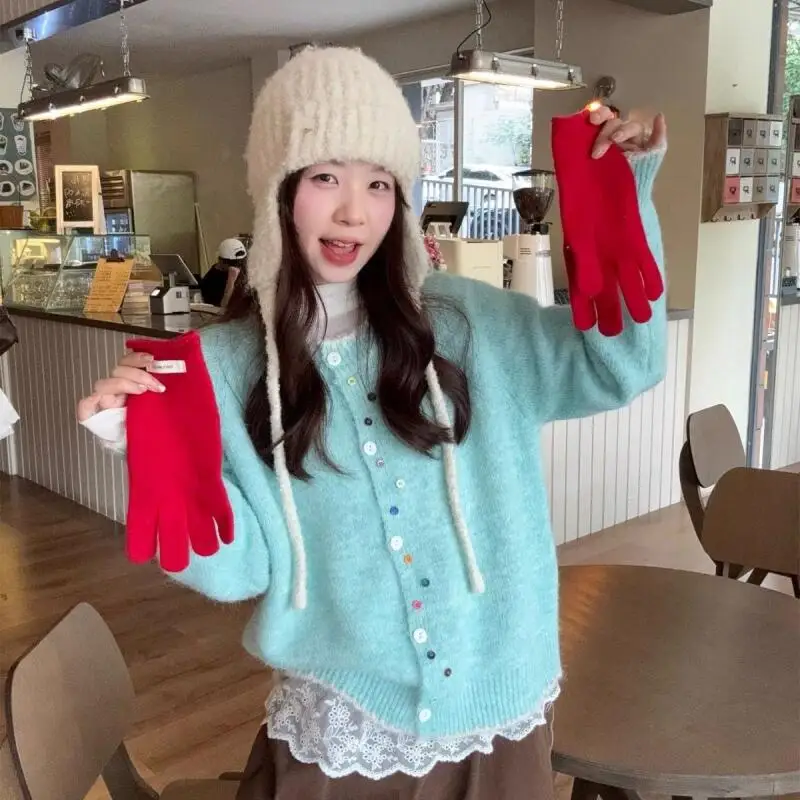 

Women's Sweet Cardigan Sweater Pullover Autumn Winter Korean Style Thicken Girl's Color Buckle Slimming Knitwear Round Neck Top