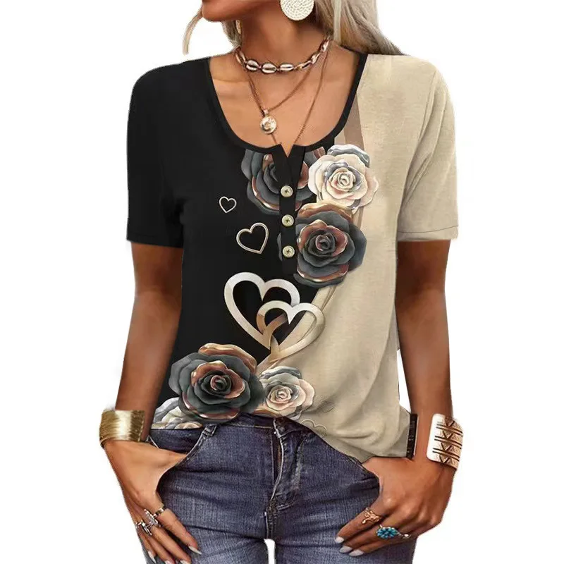 Elegant Shirts For Women Short Sleeve Fashion Ethnic Style Loose Retro Casual Button Blouses 3D Flower Print Loose Summer Tops