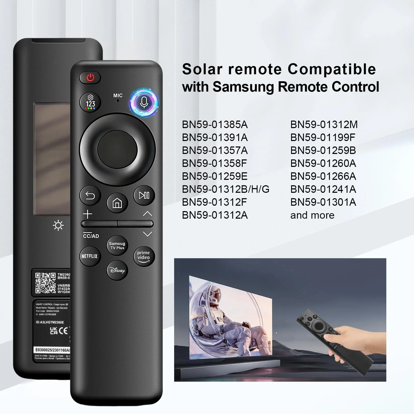 BN59-01432A TM2360E Rechargeable Voice Remote for Samsung Smart TVs, Replacement for All 2021–2025 Samsung TV Remote with Sloar