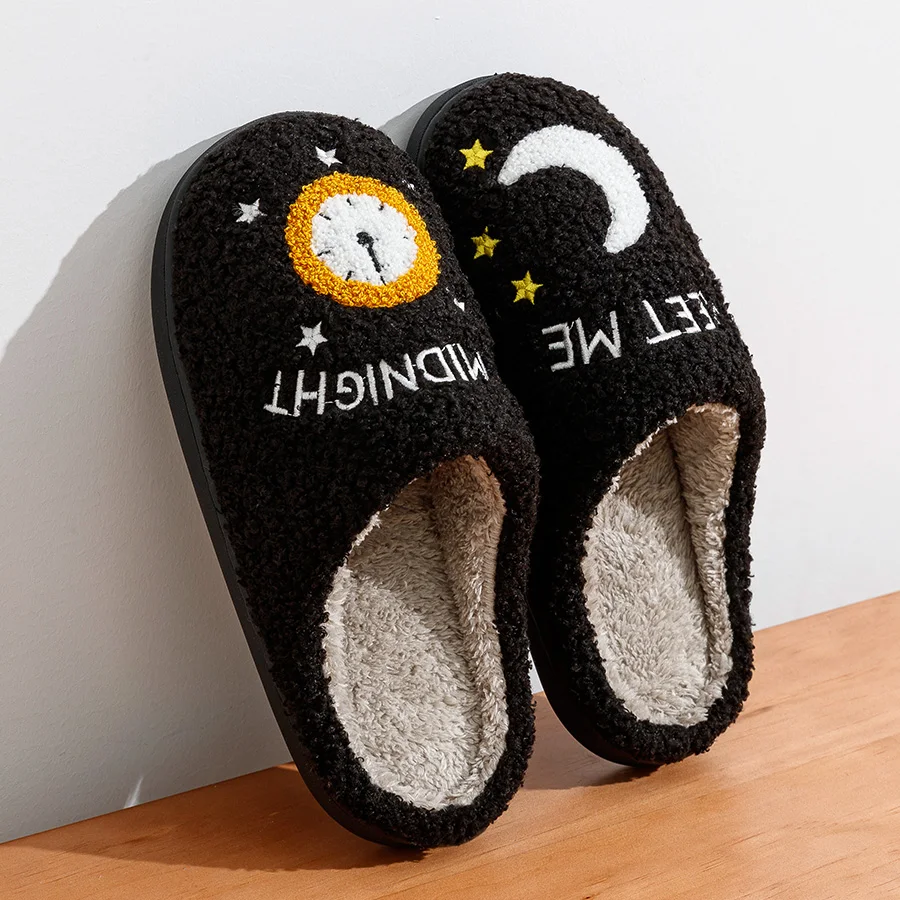 Fashion Winter Slippers Midnight Women Moon and Clock Indoor Home Warm Casual Exquisite Soft Sole Flat Cotton Houseshoes