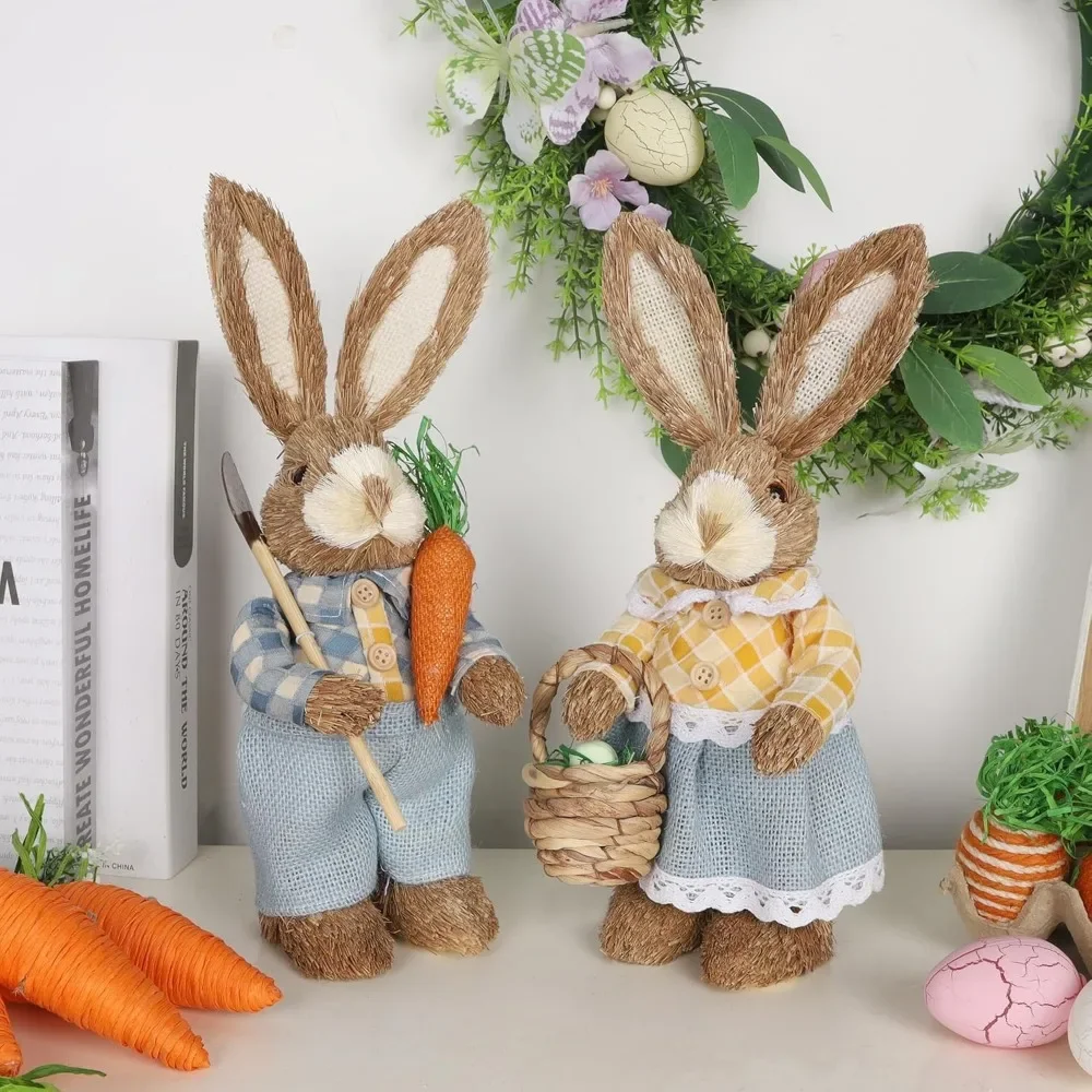 

2Pcs 13" Easter Decorations Bunny Figurines Tabletop Decor, Rustic Straw Bunny Couple, for Table Home Office Kitchen Farmhouse