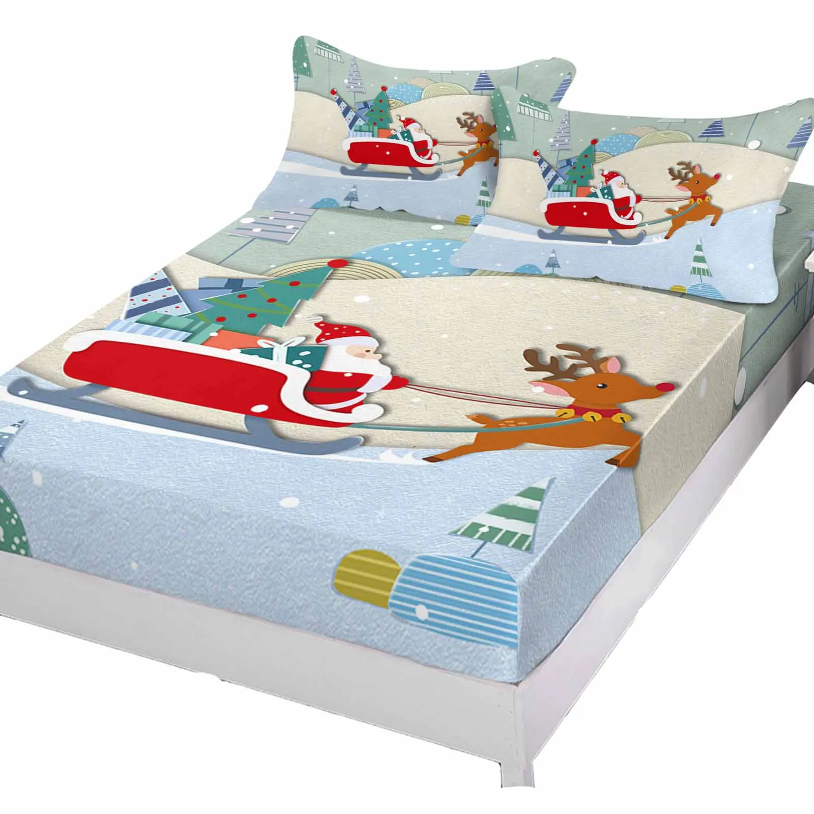 Santa Elk Snow Merry Christmas Sleigh Tree Polyester Fitted Sheet Mattress Cover Four Corners Elastic Band Bed Sheet Pilllowcase