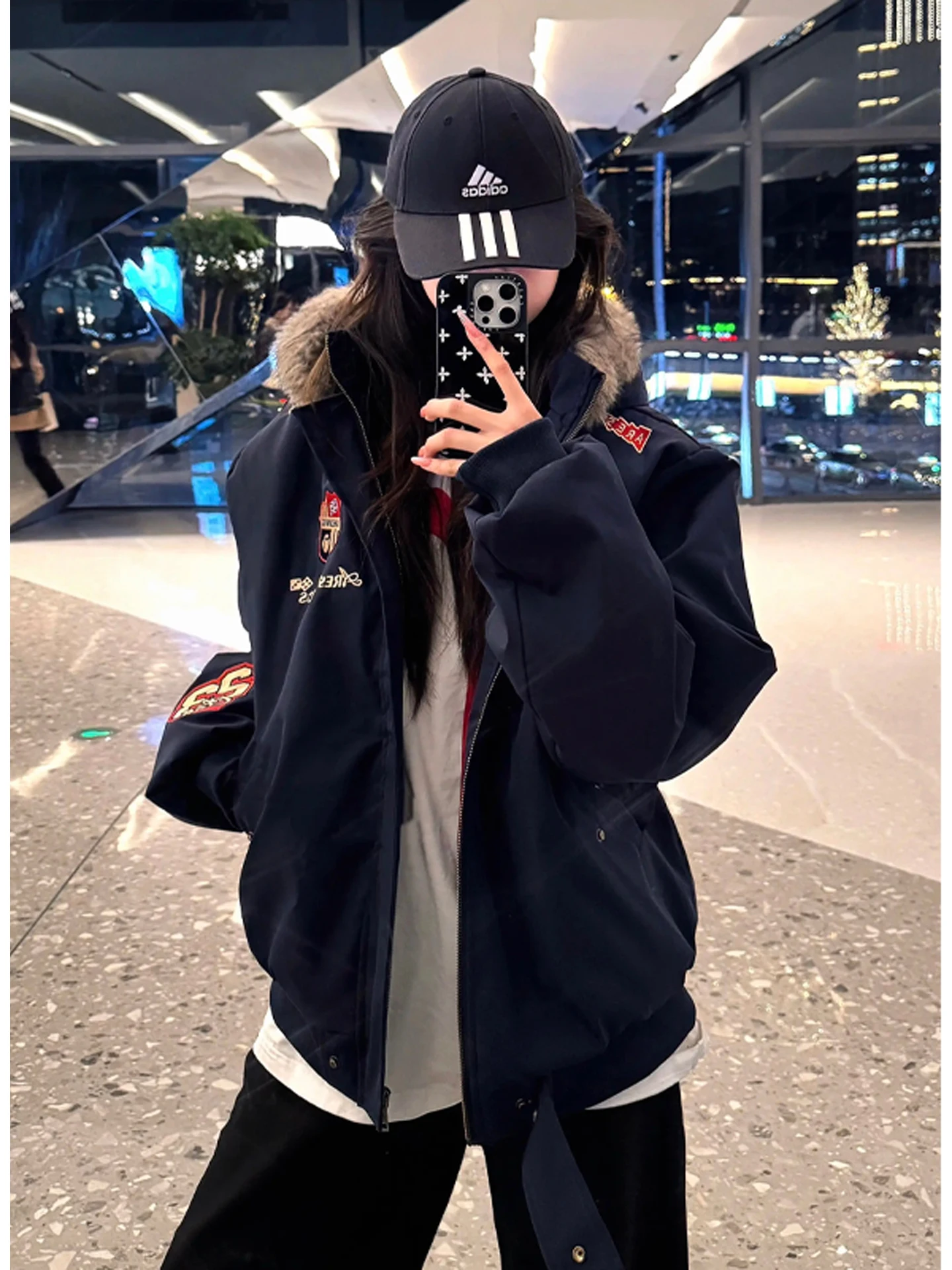 

Thiened American Sle Parka Coat for Men with Fur Collar Hooded k Blue Cotton Warm Couple Cotton Outerwear Jaet