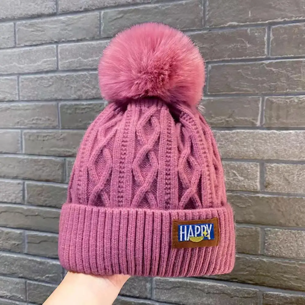 Elastic Knit Beanie Winter Women's Plush Ball Knitted Hat for Outdoor Activities Warm Windproof Stylish Headwear for Cycling