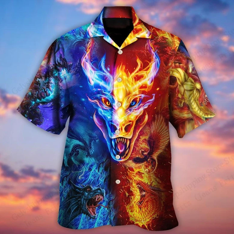 

Hawaiian Shirt Men Women Fashion Ice Fire Dragon 3d Print Shirt Short Sleeve Beach Shirts Button Up Blouse Men Clothes New Year