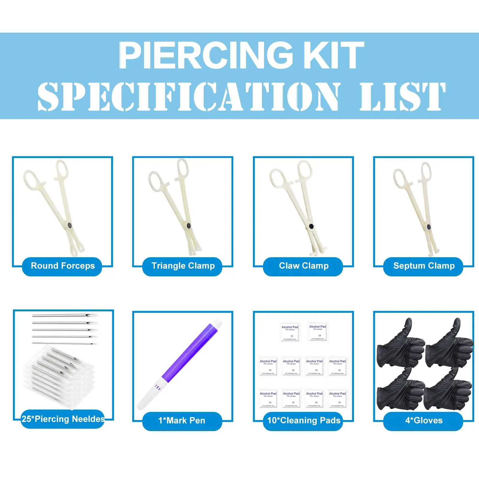 Sterile Piercing Kit with Multi-Gauge Needles & 2 Clamps for Ear, Nose, Belly, Septum, Tongue, Nipple, Eyebrow & Lip Piercing