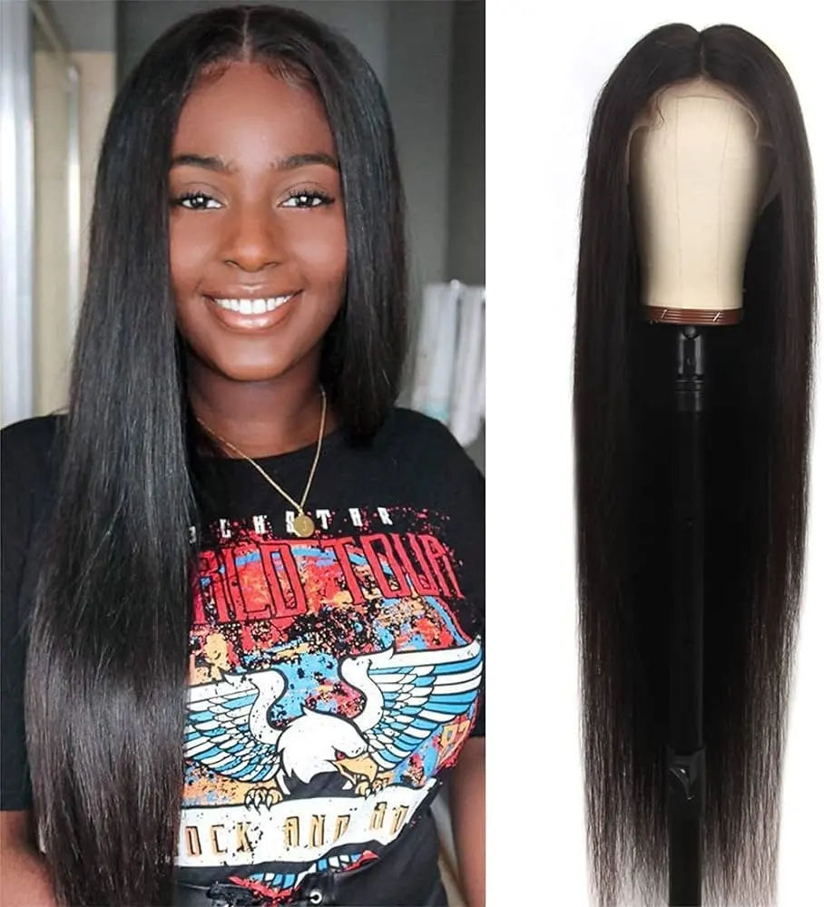 13X4 HD Lace Forehead Wig Human Hair Natural Black 26 Inch Straight Women's Pre-Plucked Closure 180 Density Hair Wigs