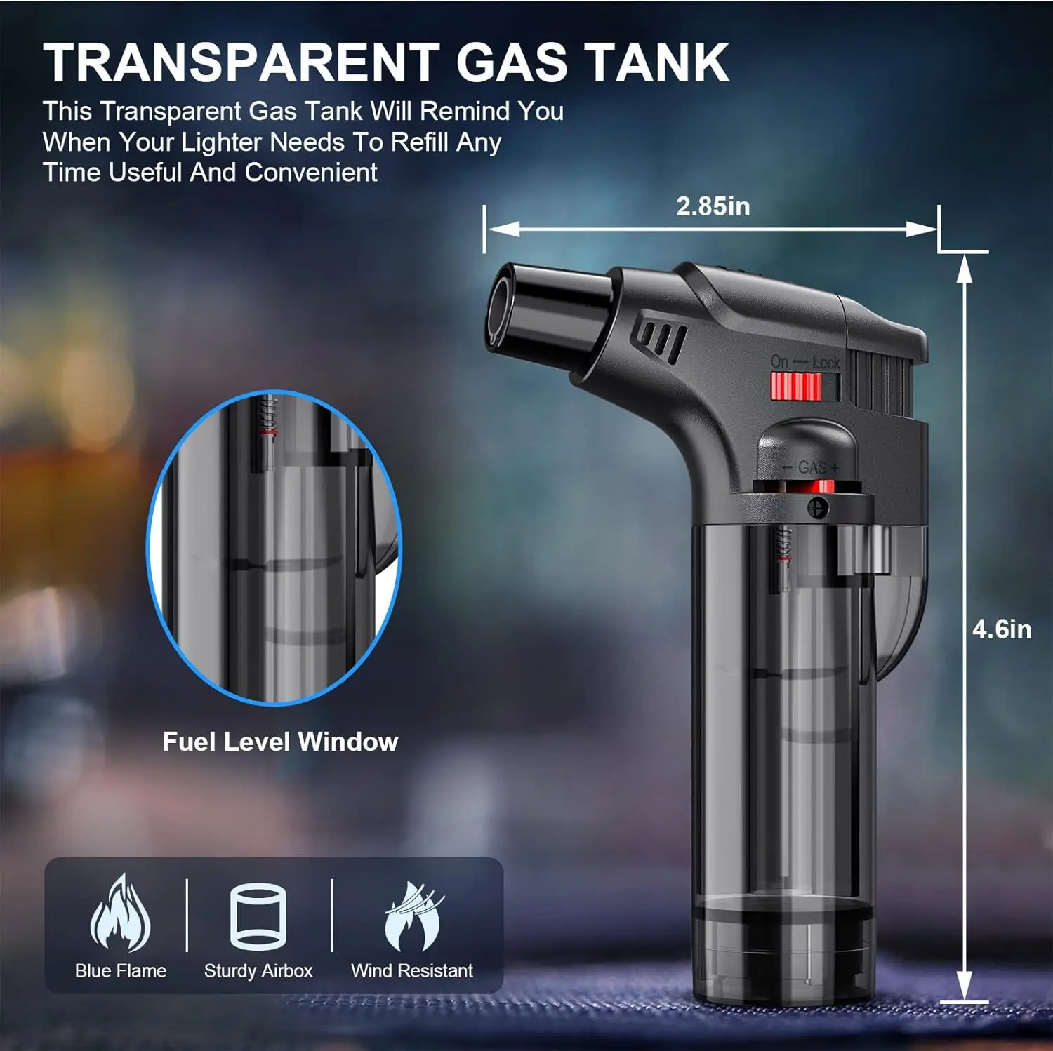 Encendedor de antorcha, encendedor de llama de chorro, encendedor de butano de Gas recargable con tanque de combustible Visible, llama ajustable a